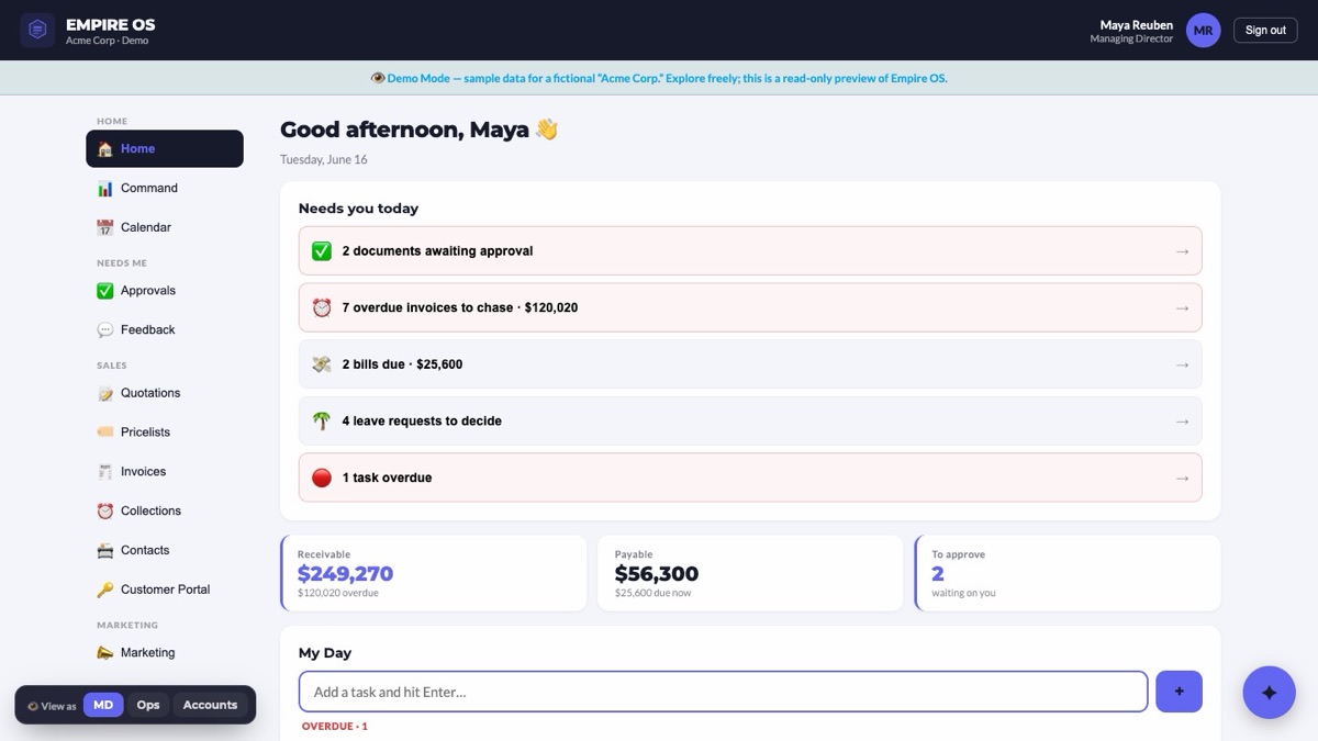 Empire OS hub dashboard with KPIs and approvals queue